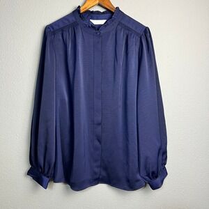 Lauren Conrad Navy Blue‎ Ruffled Neck Victorian Church Button Front Blouse Sz 2X